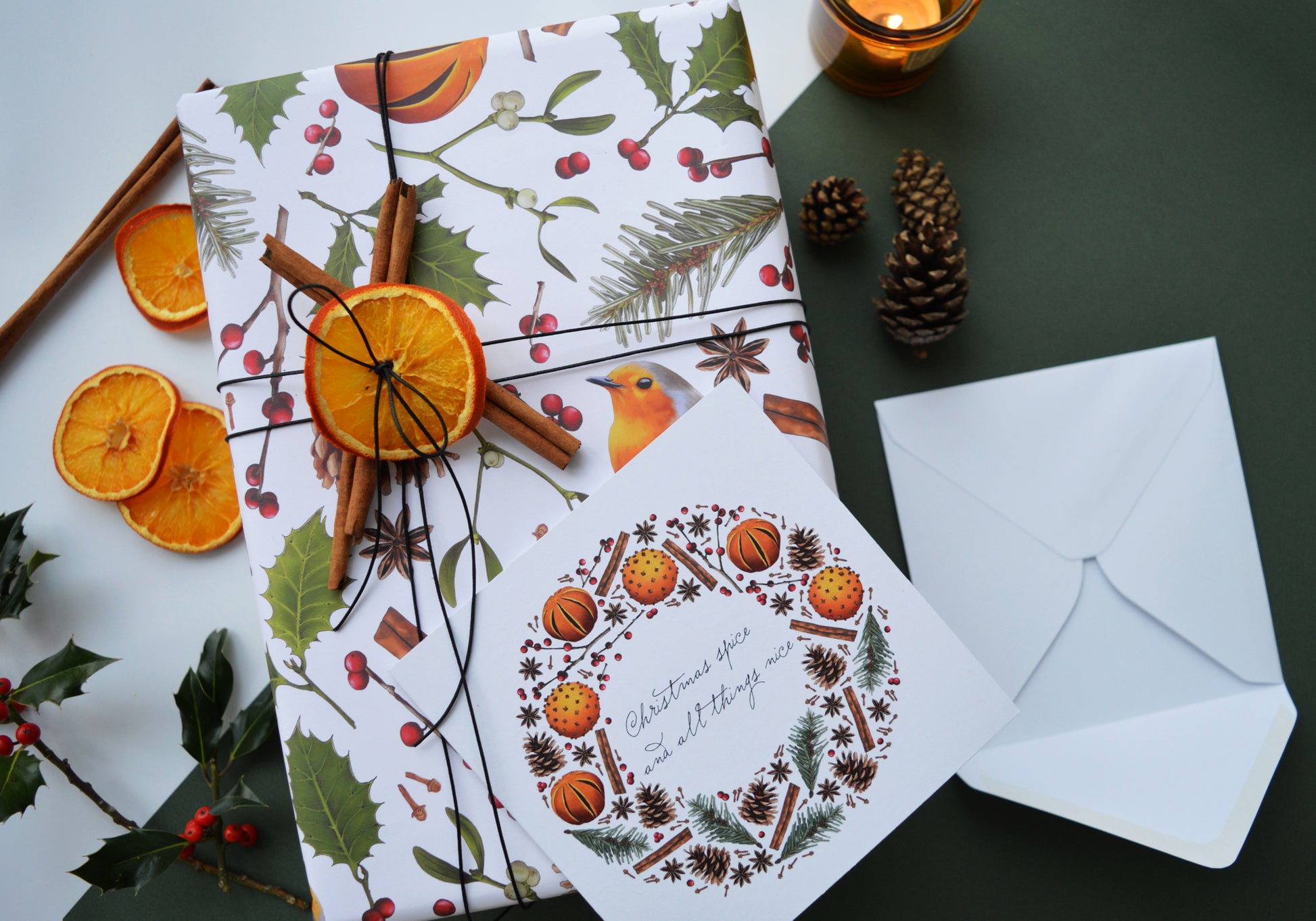 Elements gift wrap and wreath card