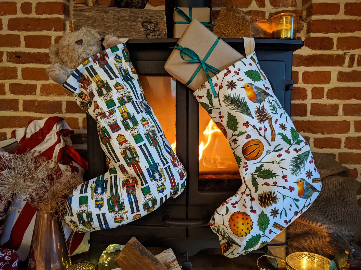 Festive Christmas stockings filled with gifts hanging on the fireplace