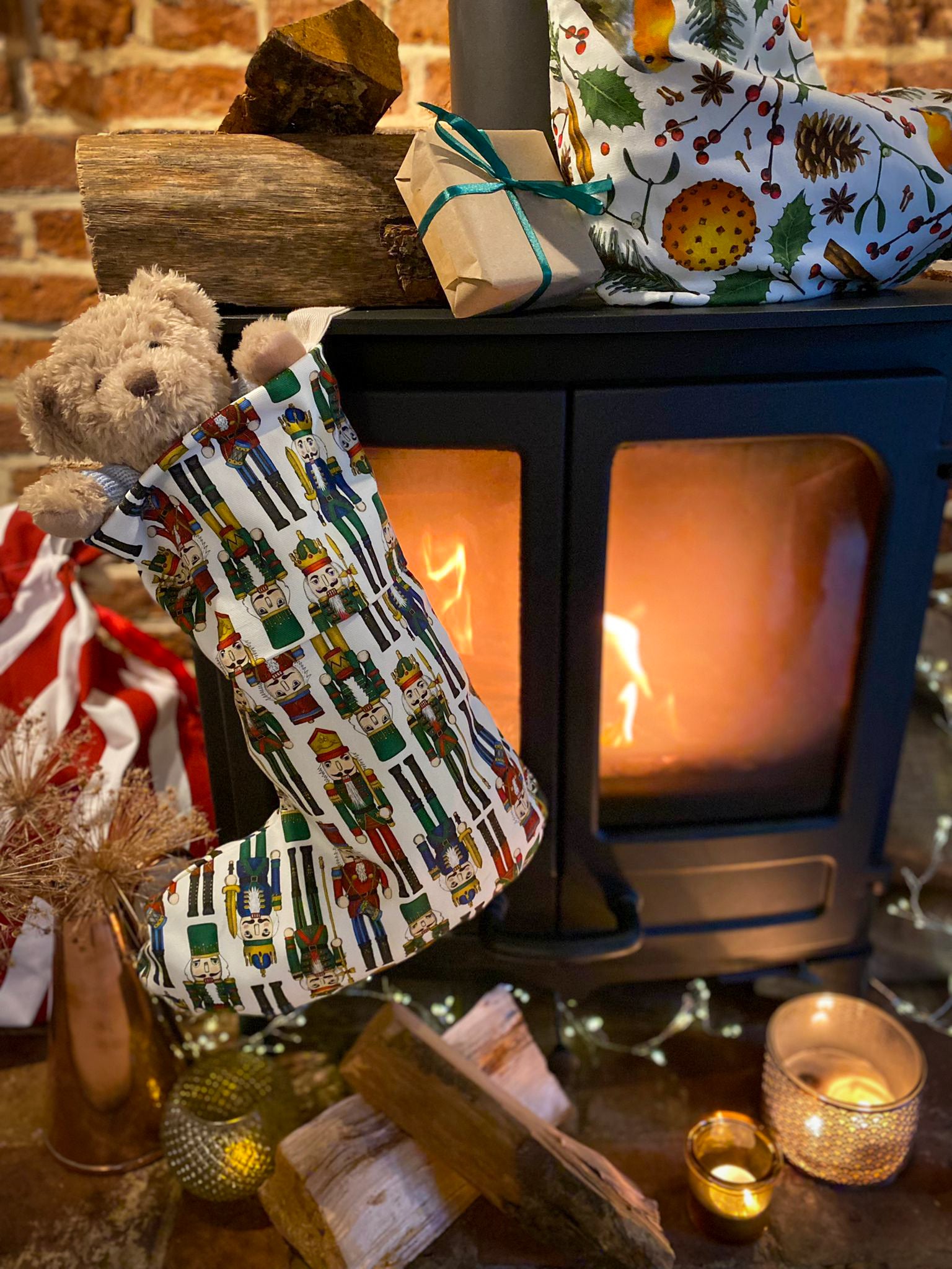 Christmas fireplace setting with handing Catherine Jane Design stockings