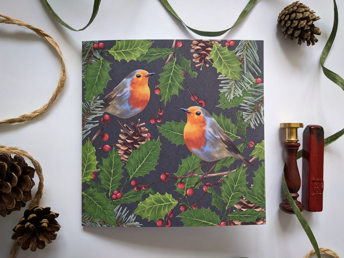 Robin and foliage Christmas card with wax stamp