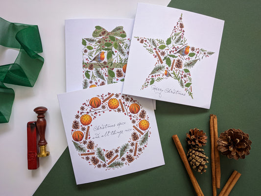 Christmas star, present and wreath cards, pack of Christmas cards