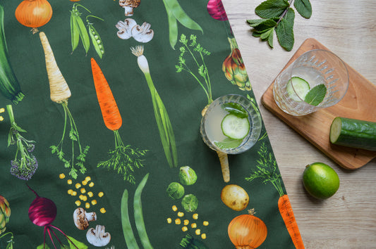 Dark Green tea towel, rows of vegetables