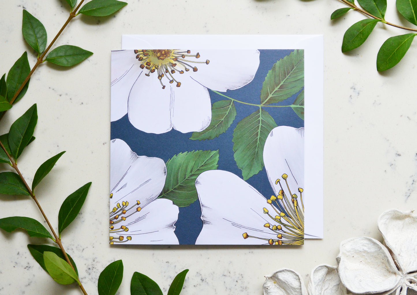 Matching wild rose Navy blue greetings card