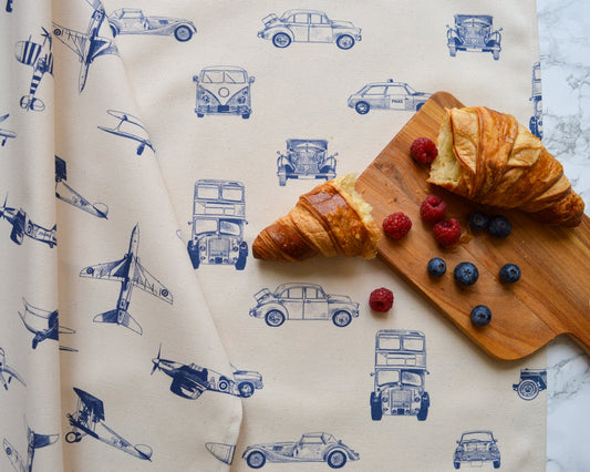 Aeroplane and road vehicle tea towels