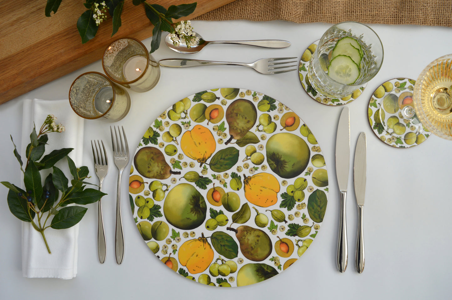 Green and Yellow fruit coasters on table