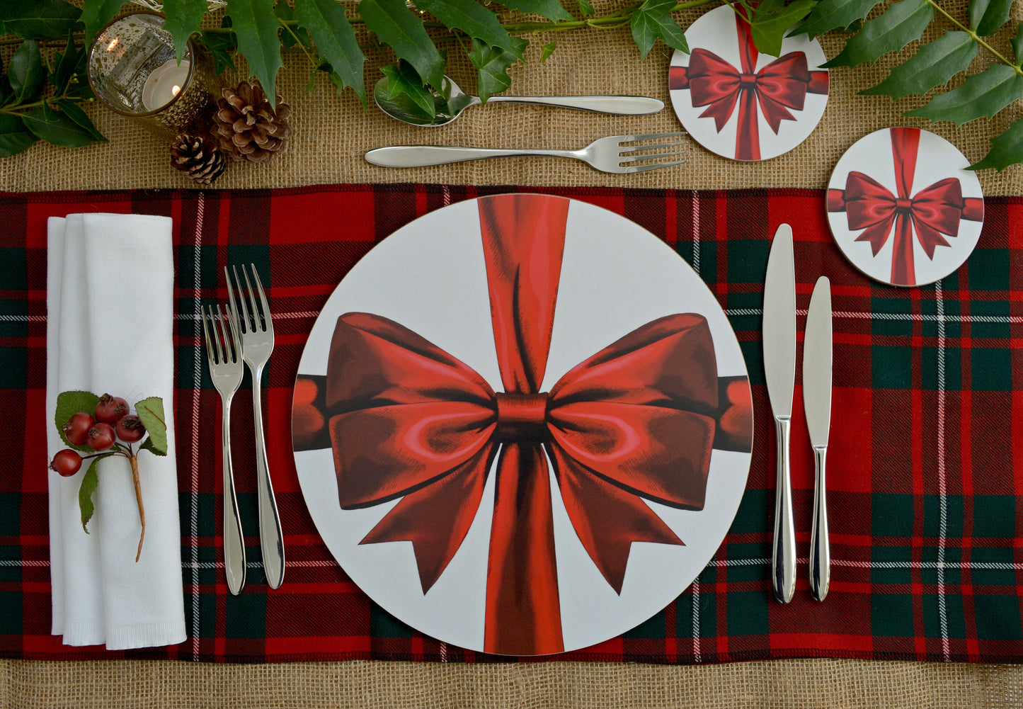 Festive Red and White ribbon tablescape