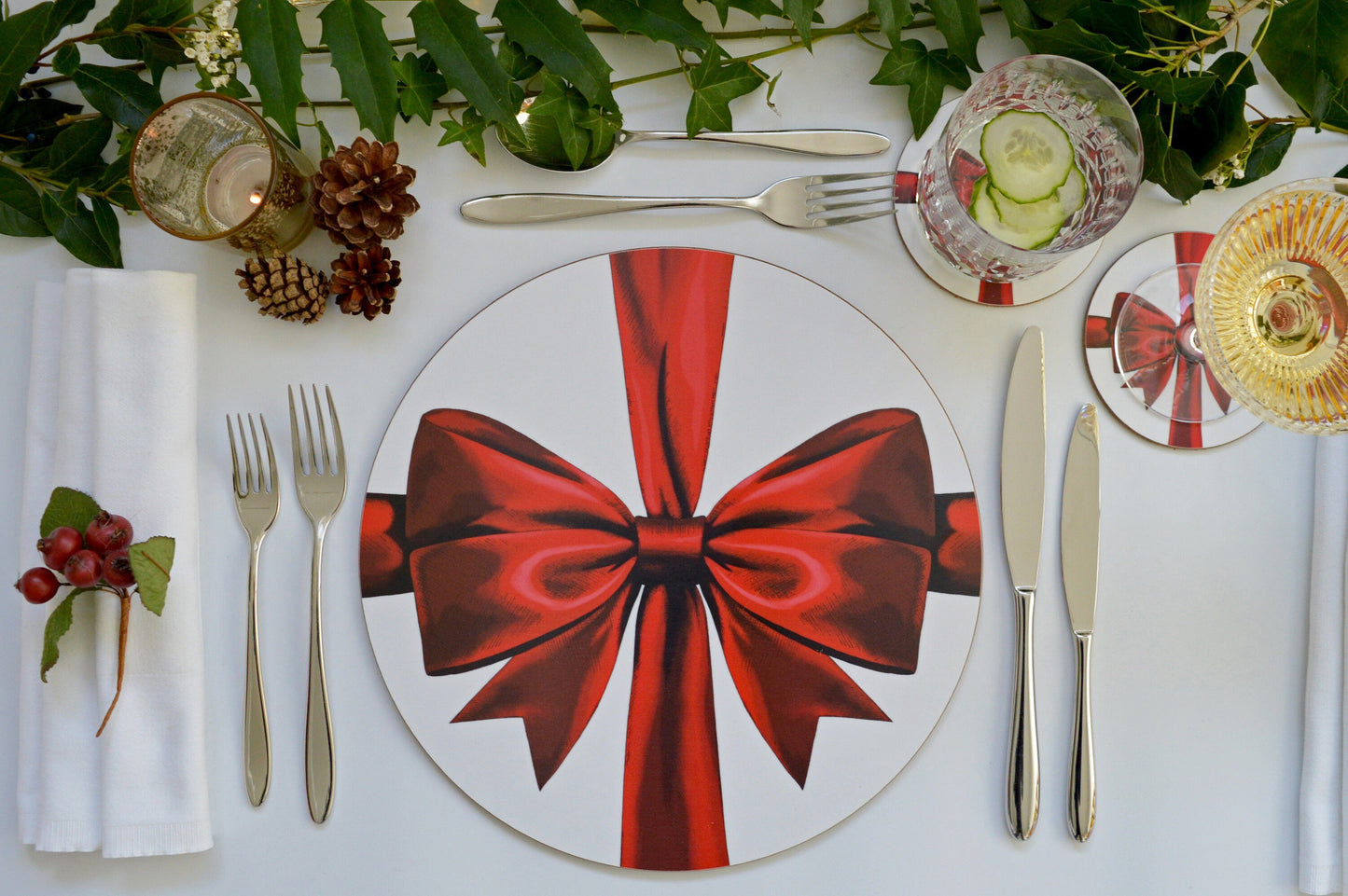 Celebratory table setting with red bows