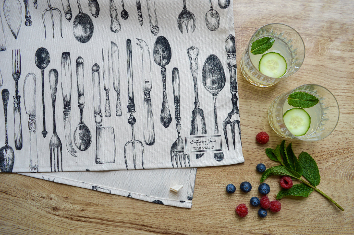 Vintage cutlery design on tea towel